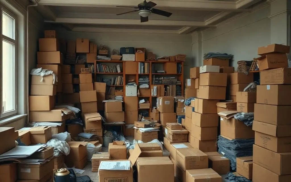 Pièce remplie de cartons et d'objets accumulés