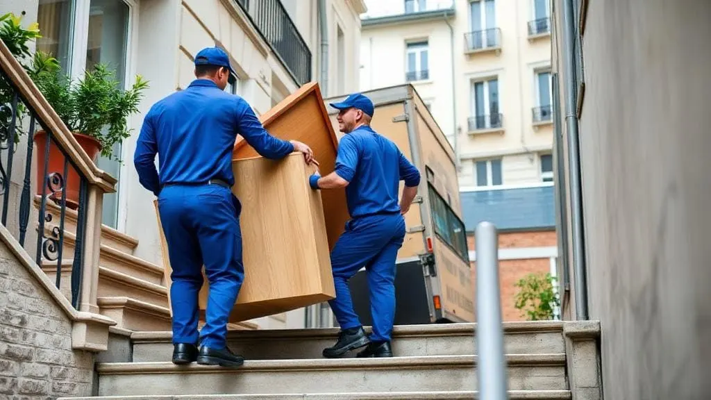 Deux membres de l'équipe portent un meuble dans un escalier d'immeuble