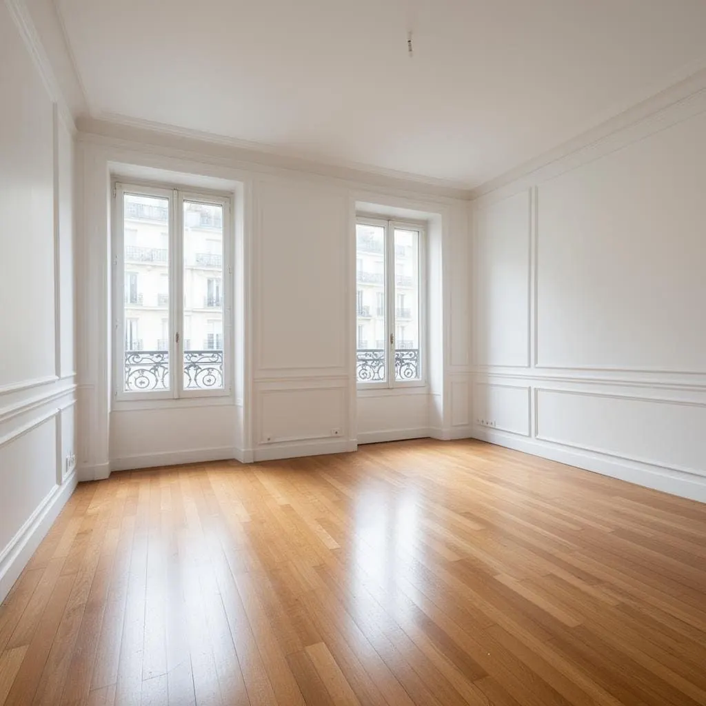 Pièce vidée et nettoyée, parquet et moulures