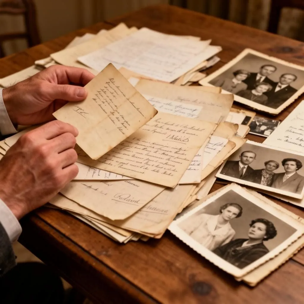 Lettres et photos de famille triées sur une table